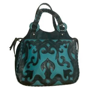 Vintage Leaders in Leather Hand Tooled Teal Green Satchel Shoulder Purse Bag